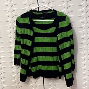 Talbots Vibrant Green and Black Striped Knit Set (Tank Top & Cardigan) Size P